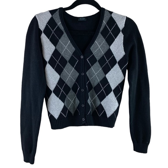 John Galt Brandy Melville Women’s Black & Gray Argyle Cardigan Sweater One Size - Picture 1 of 11